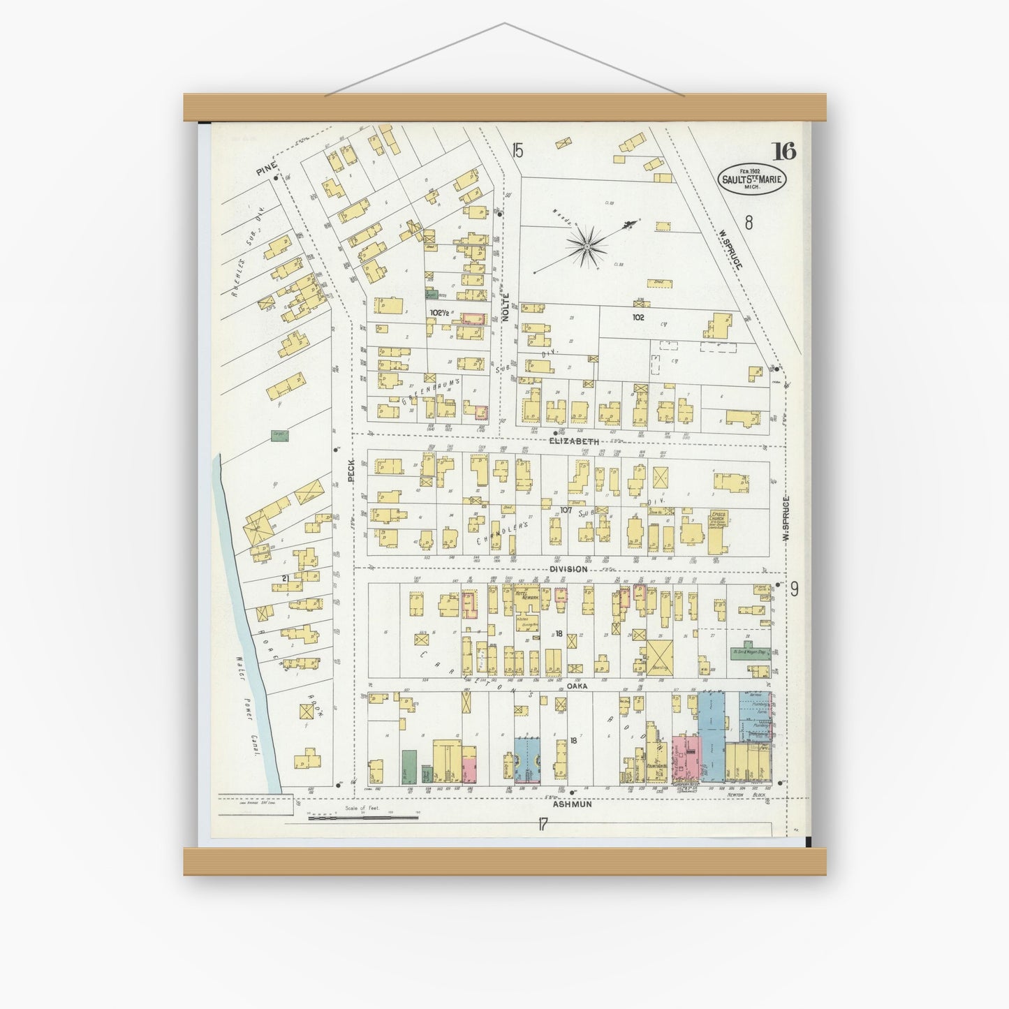 Old map wall art mockup — magnetic wood frame on white wall — Sanborn Fire Insurance Map from Sault Sainte Marie, Chippewa County, Michigan (1902), Sheet #0016