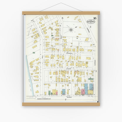 Old map wall art mockup — magnetic wood frame on white wall — Sanborn Fire Insurance Map from Sault Sainte Marie, Chippewa County, Michigan (1902), Sheet #0016