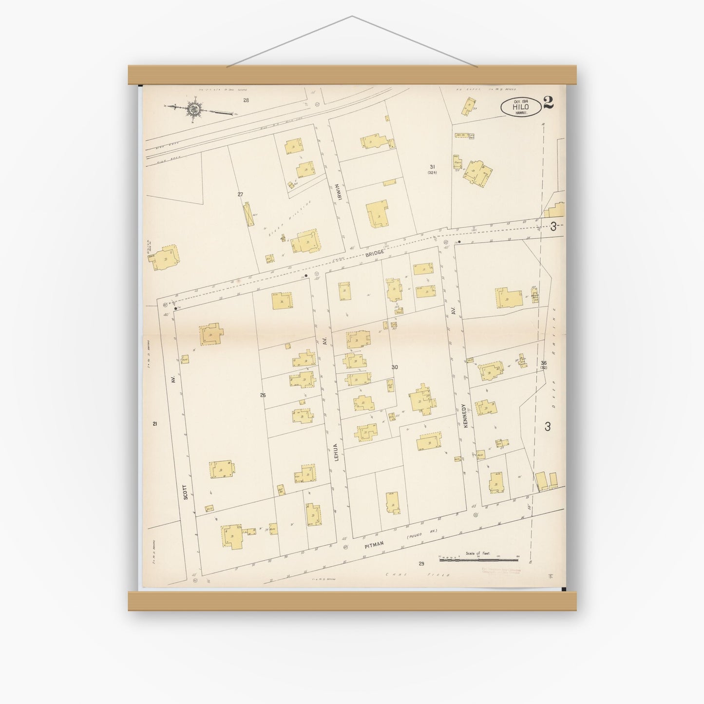 Old map wall art mockup — magnetic wood frame on white wall — Sanborn Fire Insurance Map from Hilo, Hawaii County, Hawaii (1914), Sheet #0002