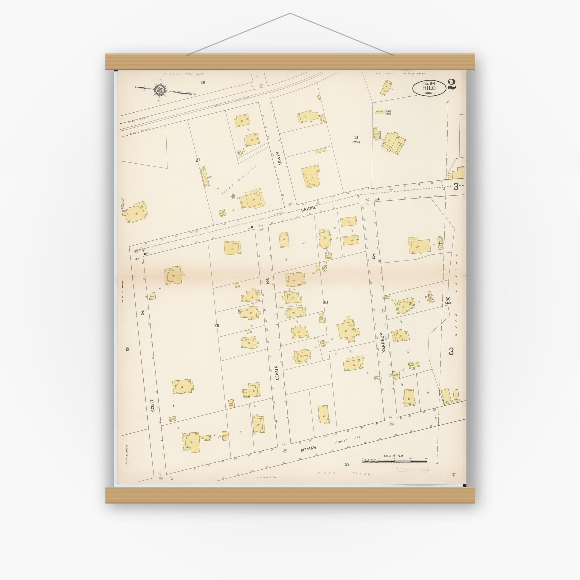 Old map wall art mockup — magnetic wood frame on white wall — Sanborn Fire Insurance Map from Hilo, Hawaii County, Hawaii (1914), Sheet #0002