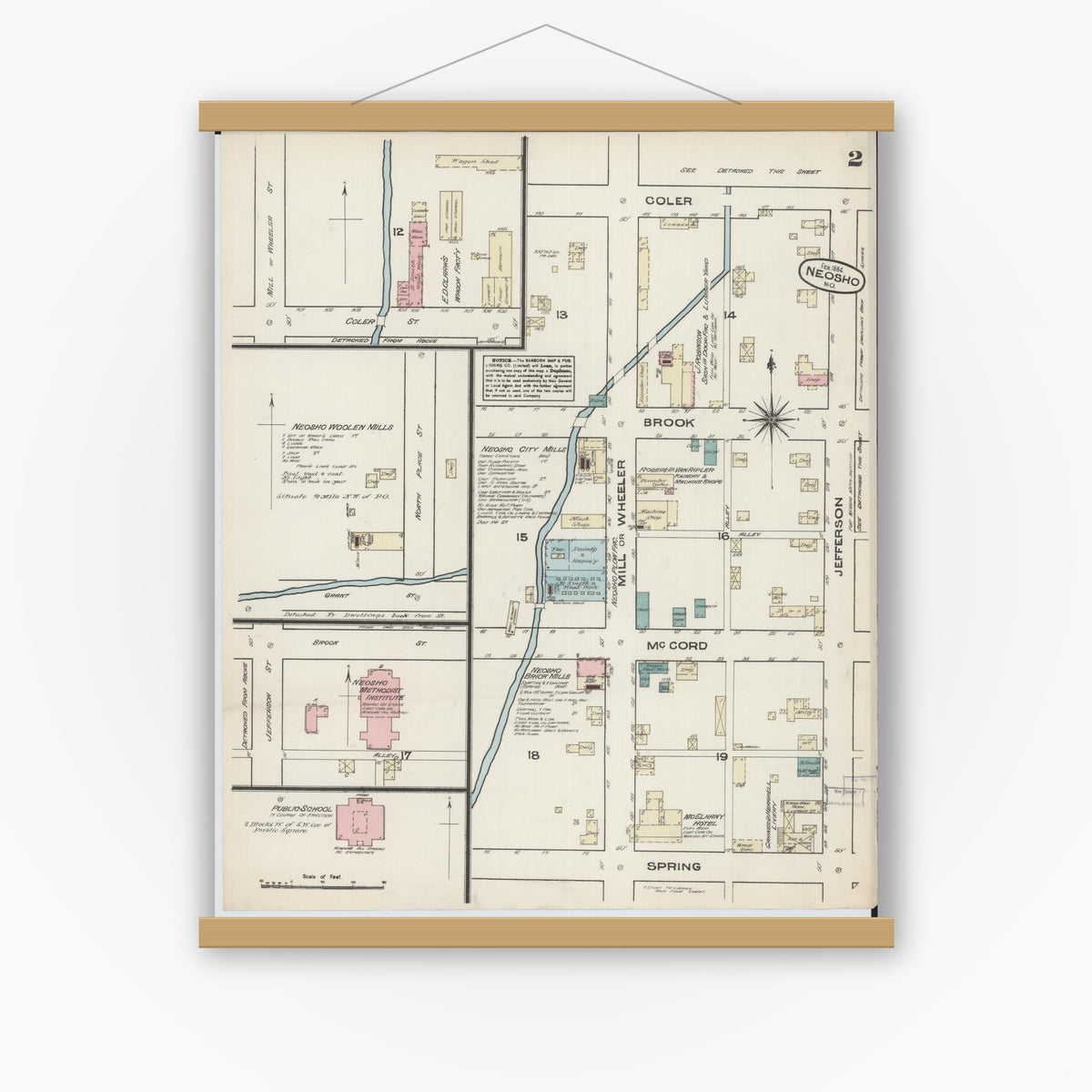 Old map wall art mockup — magnetic wood frame on white wall — Sanborn Fire Insurance Map from Neosho, Newton County, Missouri (1884), Sheet #0002