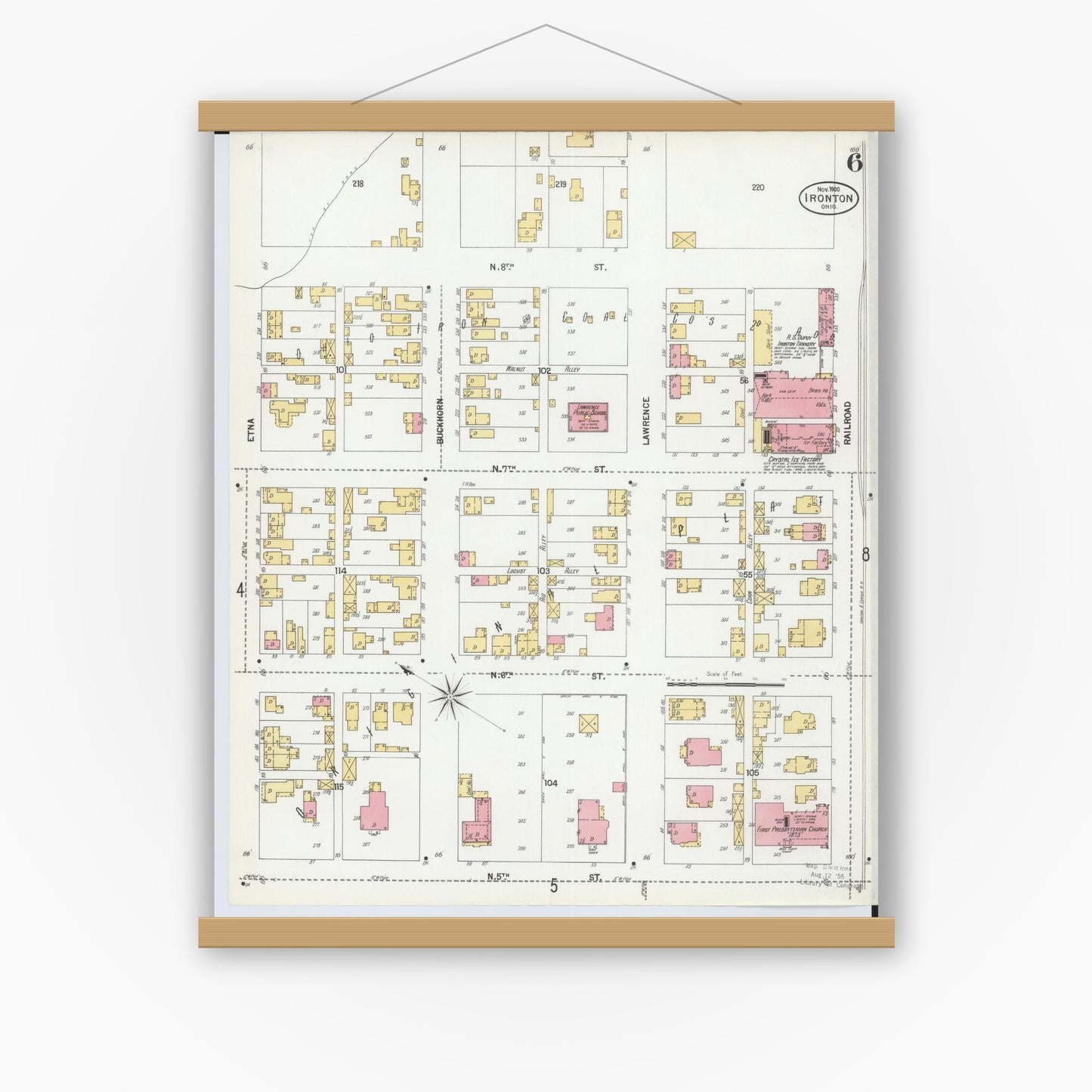 Old map wall art mockup — magnetic wood frame on white wall — Sanborn Fire Insurance Map from Ironton, Lawrence County, Ohio (1900), Sheet #0006