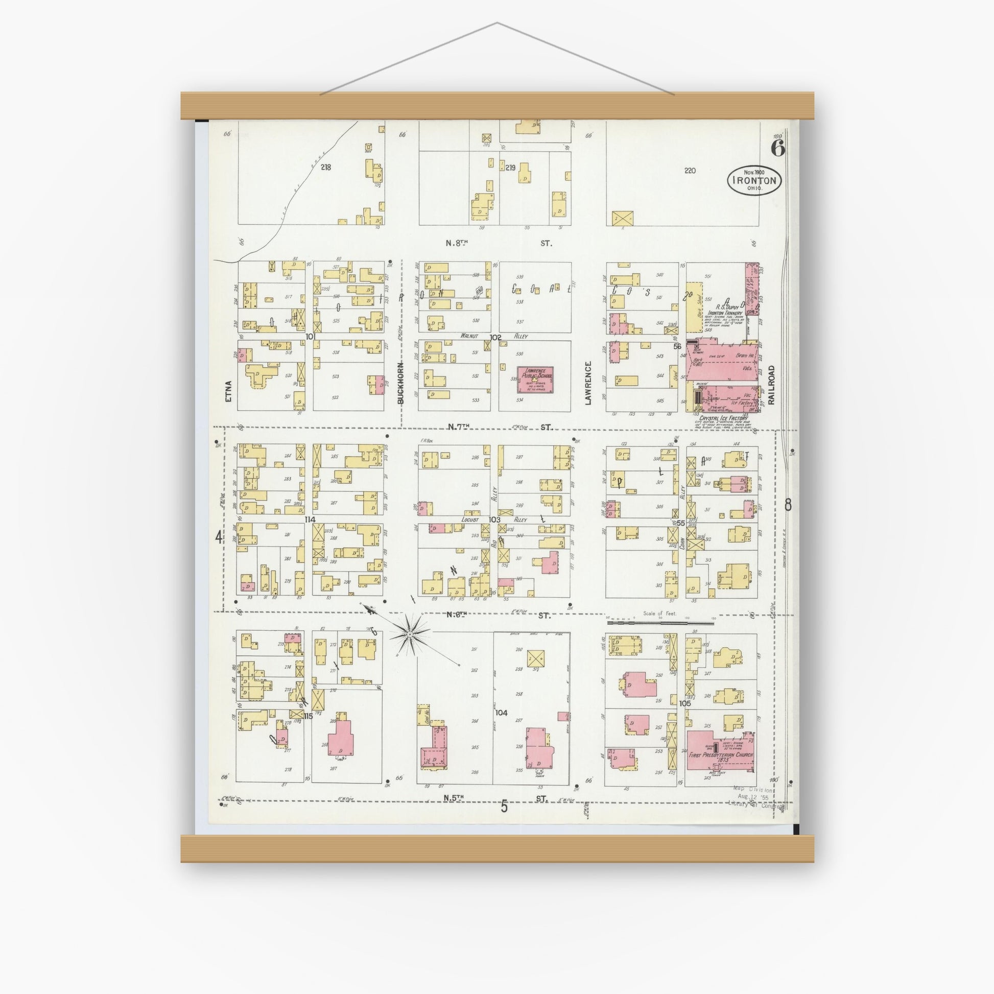 Old map wall art mockup — magnetic wood frame on white wall — Sanborn Fire Insurance Map from Ironton, Lawrence County, Ohio (1900), Sheet #0006