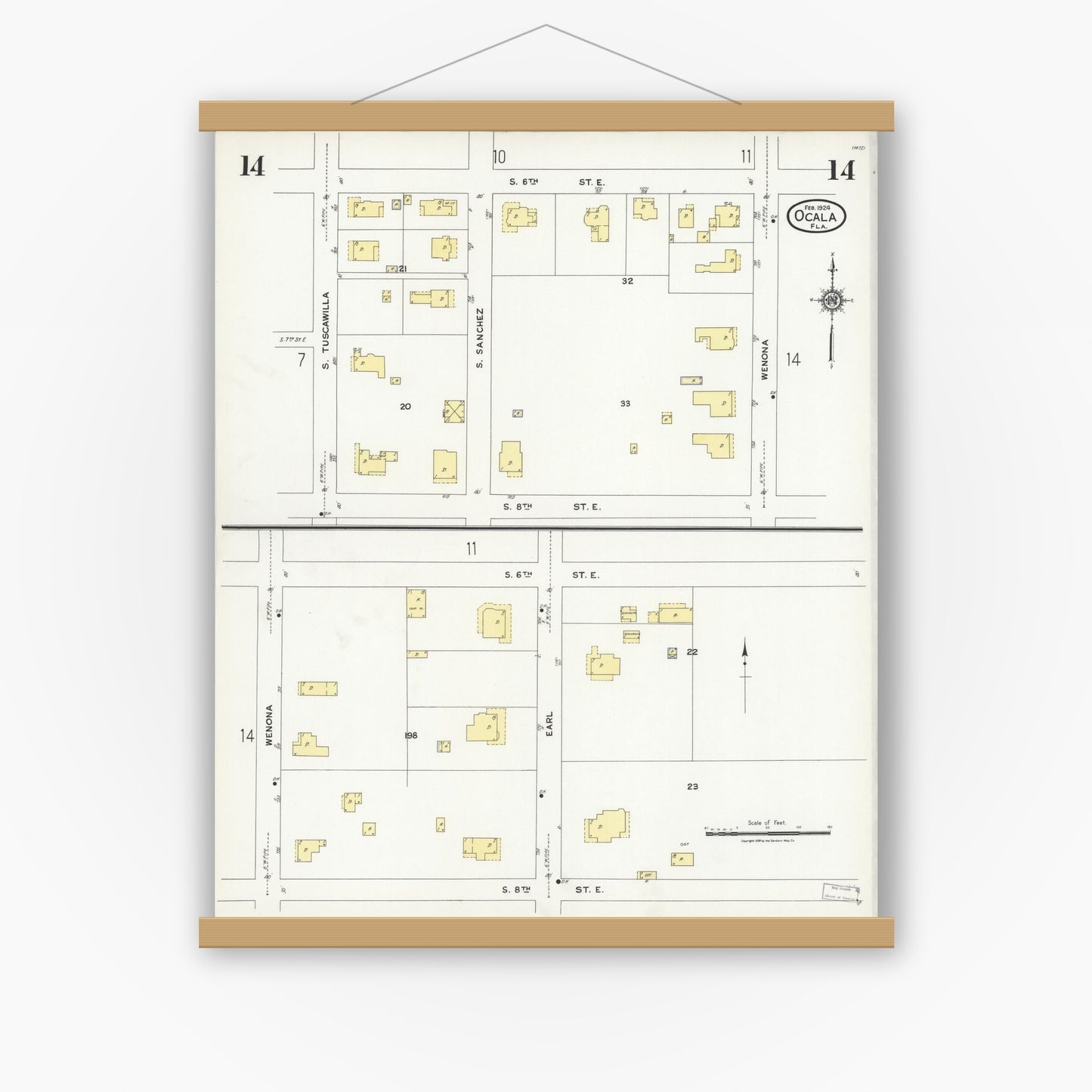 Old map wall art mockup — magnetic wood frame on white wall — Sanborn Fire Insurance Map from Ocala, Marion County, Florida (1924), Sheet #0014