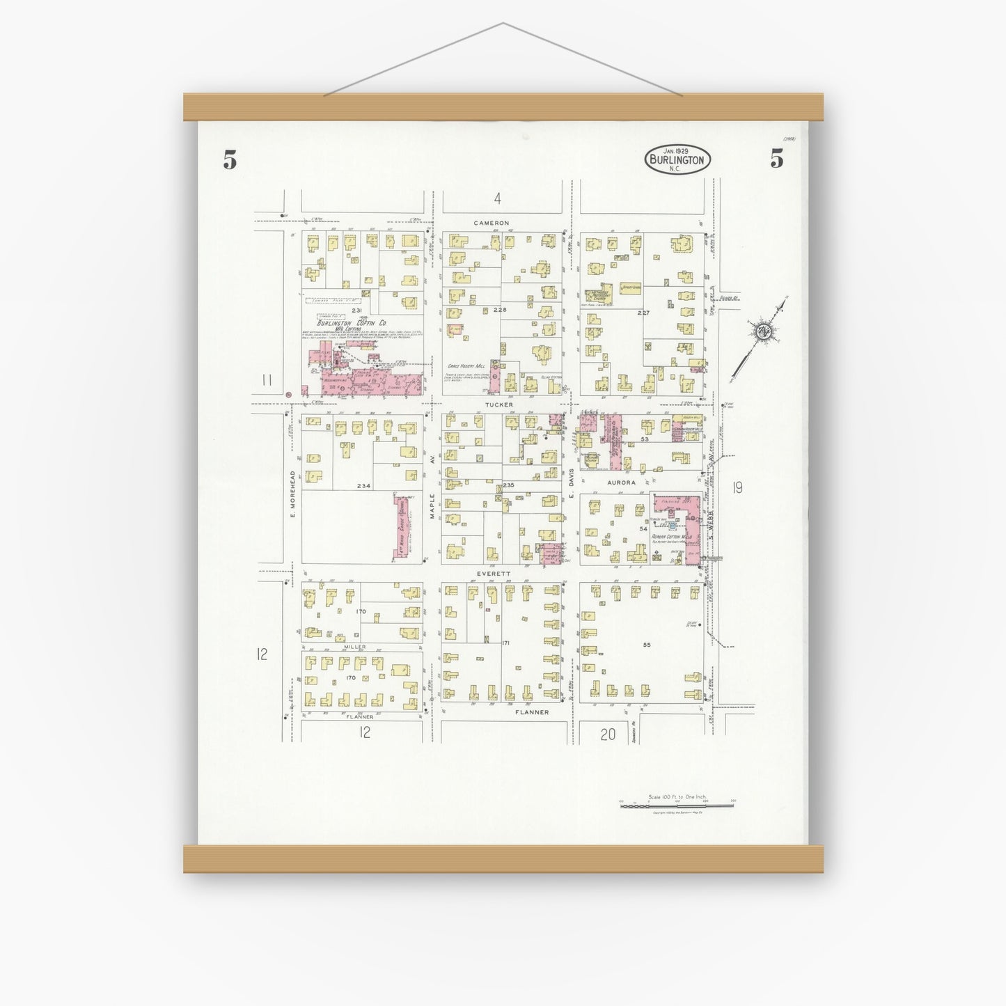 Old map wall art mockup — magnetic wood frame on white wall — Sanborn Fire Insurance Map from Burlington, Alamance County, North Carolina (1929), Sheet #0005