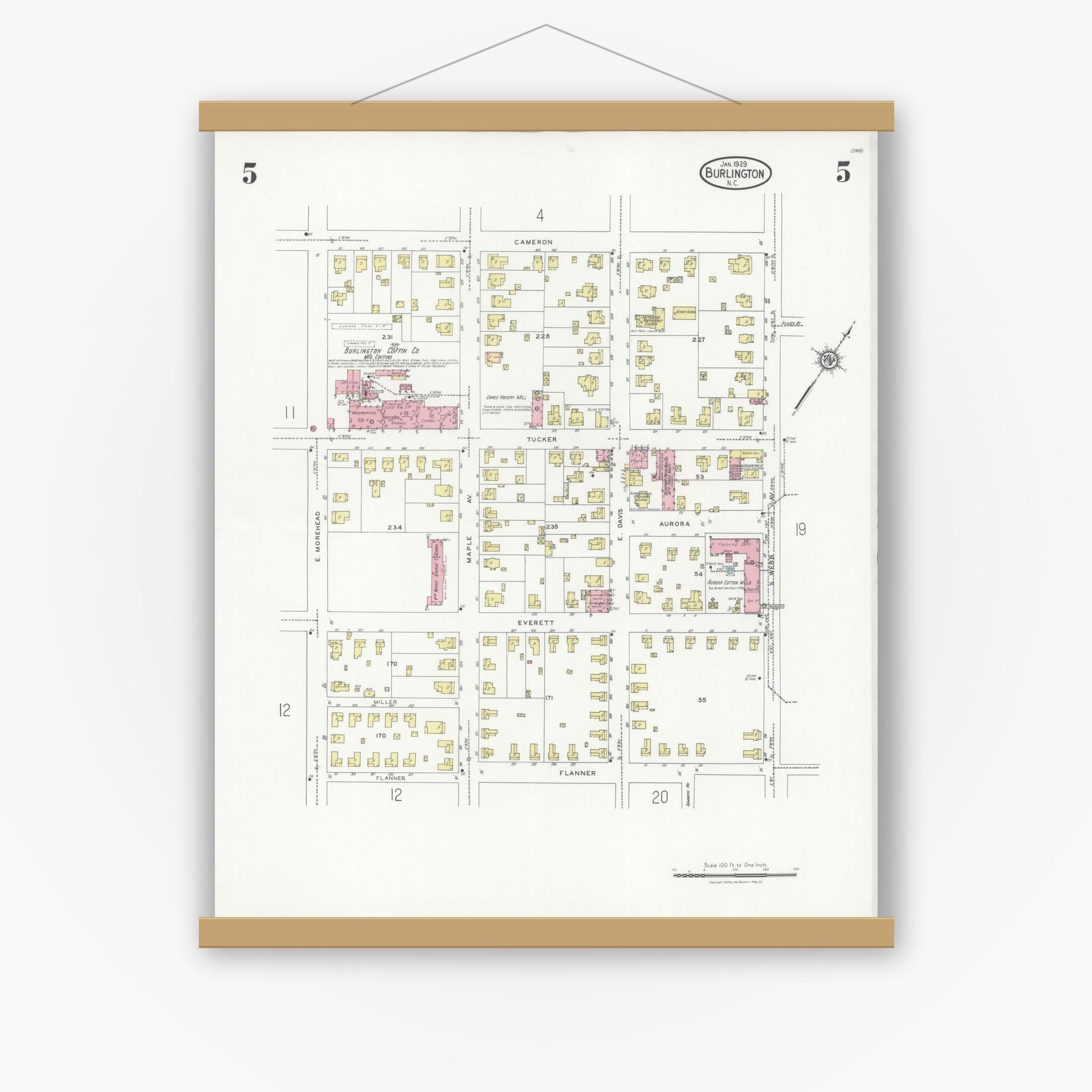 Old map wall art mockup — magnetic wood frame on white wall — Sanborn Fire Insurance Map from Burlington, Alamance County, North Carolina (1929), Sheet #0005