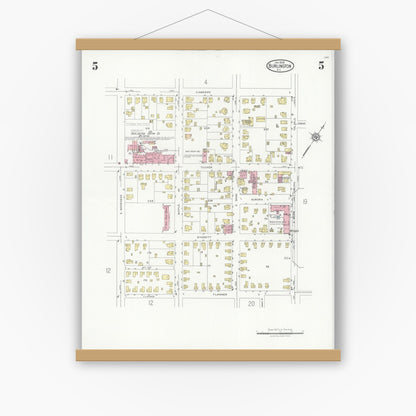 Old map wall art mockup — magnetic wood frame on white wall — Sanborn Fire Insurance Map from Burlington, Alamance County, North Carolina (1929), Sheet #0005