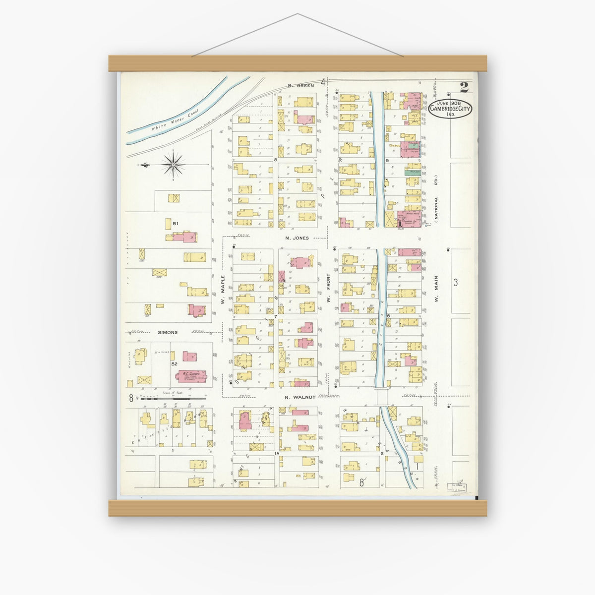 Old map wall art mockup — magnetic wood frame on white wall — Sanborn Fire Insurance Map from Cambridge City, Wayne County, Indiana (1908), Sheet #0002
