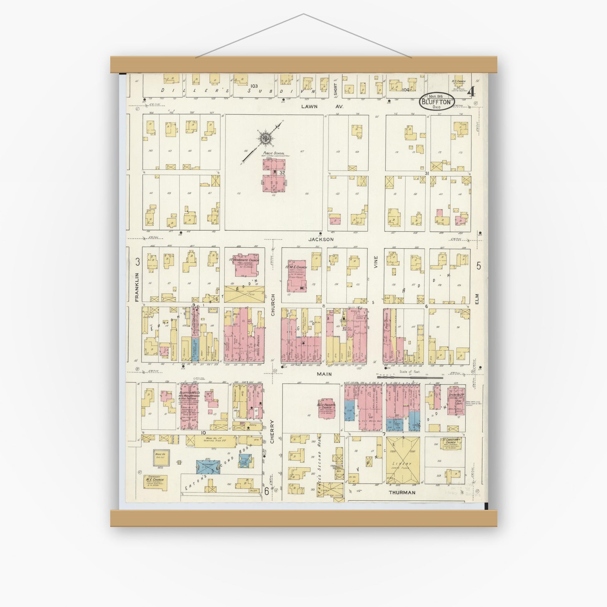 Old map wall art mockup — magnetic wood frame on white wall — Sanborn Fire Insurance Map from Bluffton, Allen County, Ohio (1916), Sheet #0004