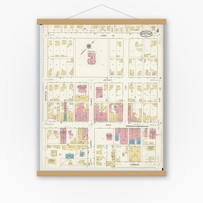 Old map wall art mockup — magnetic wood frame on white wall — Sanborn Fire Insurance Map from Bluffton, Allen County, Ohio (1916), Sheet #0004