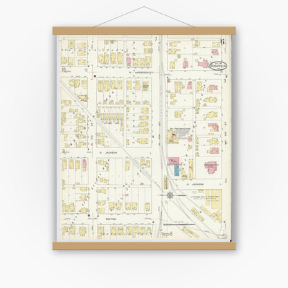 Old map wall art mockup — magnetic wood frame on white wall — Sanborn Fire Insurance Map from Rushville, Rush County, Indiana (1913), Sheet #0006