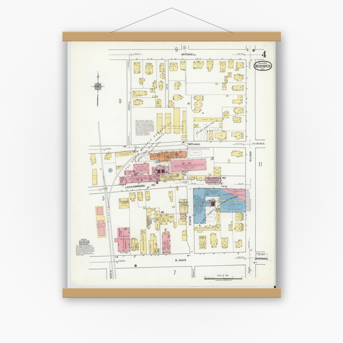 Old map wall art mockup — magnetic wood frame on white wall — Sanborn Fire Insurance Map from Norwich, Chenango County, New York (1917), Sheet #0004