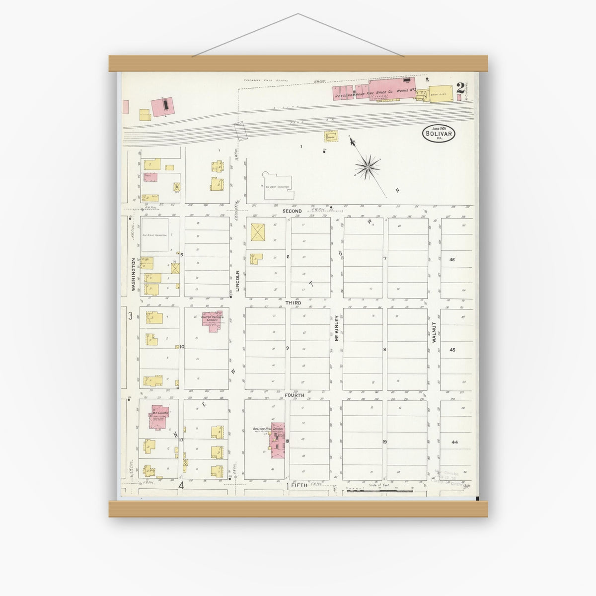 Old map wall art mockup — magnetic wood frame on white wall — Sanborn Fire Insurance Map from Bolivar, Westmoreland County, Pennsylvania (1909), Sheet #0002
