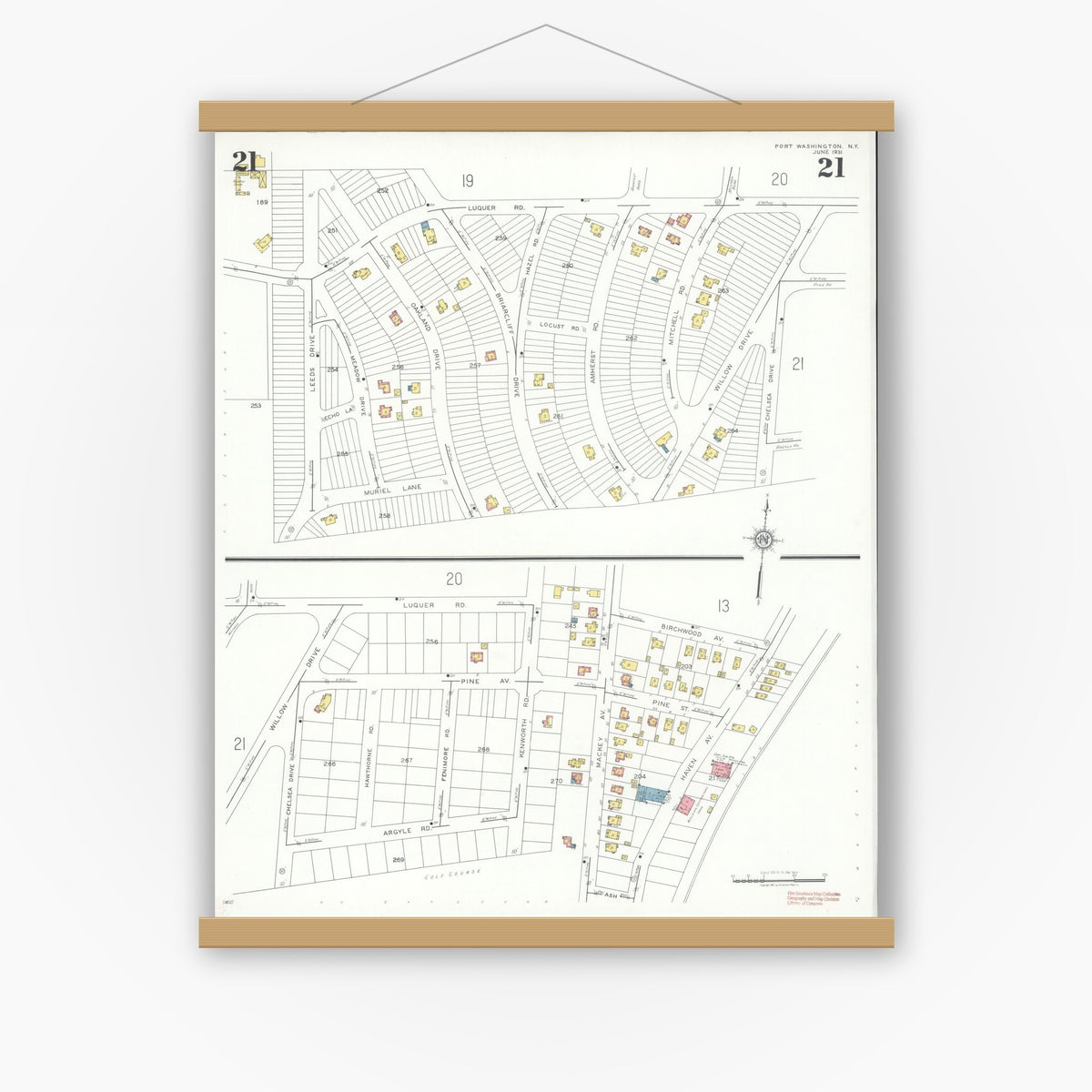 Old map wall art mockup — magnetic wood frame on white wall — Sanborn Fire Insurance Map from Port Washington, Nassau County, New York (1931), Sheet #0021