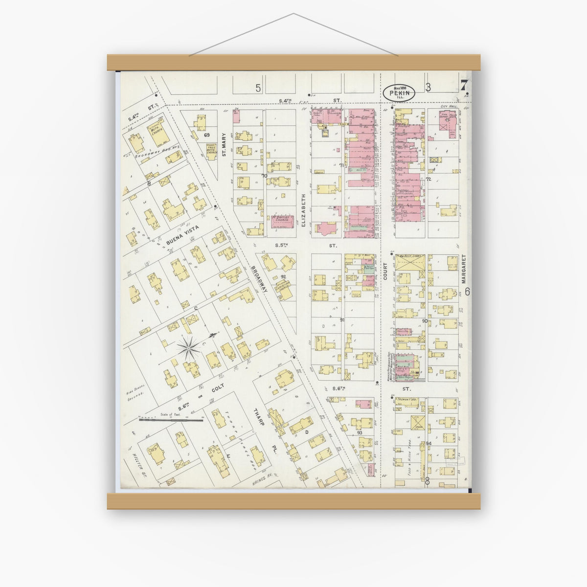 Old map wall art mockup — magnetic wood frame on white wall — Sanborn Fire Insurance Map from Pekin, Tazewell County, Illinois (1898), Sheet #0007