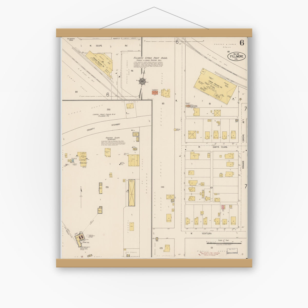Old map wall art mockup — magnetic wood frame on white wall — Sanborn Fire Insurance Map from Fillmore, Ventura County, California (1918), Sheet #0006