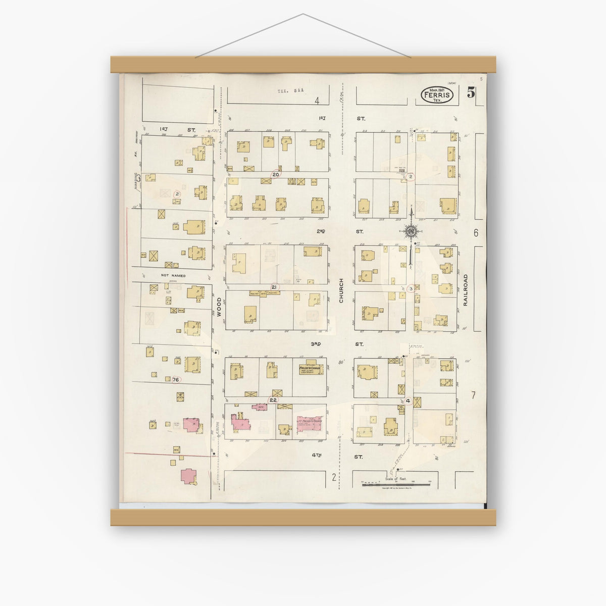 Old map wall art mockup — magnetic wood frame on white wall — Sanborn Fire Insurance Map from Ferris, Ellis County, Texas (1941), Sheet #0005