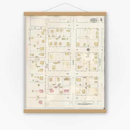 Old map wall art mockup — magnetic wood frame on white wall — Sanborn Fire Insurance Map from Ferris, Ellis County, Texas (1941), Sheet #0005