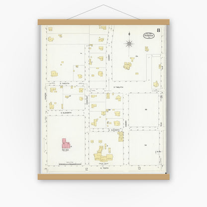 Old map wall art mockup — magnetic wood frame on white wall — Sanborn Fire Insurance Map from Bonham, Fannin County, Texas (1909), Sheet #0008