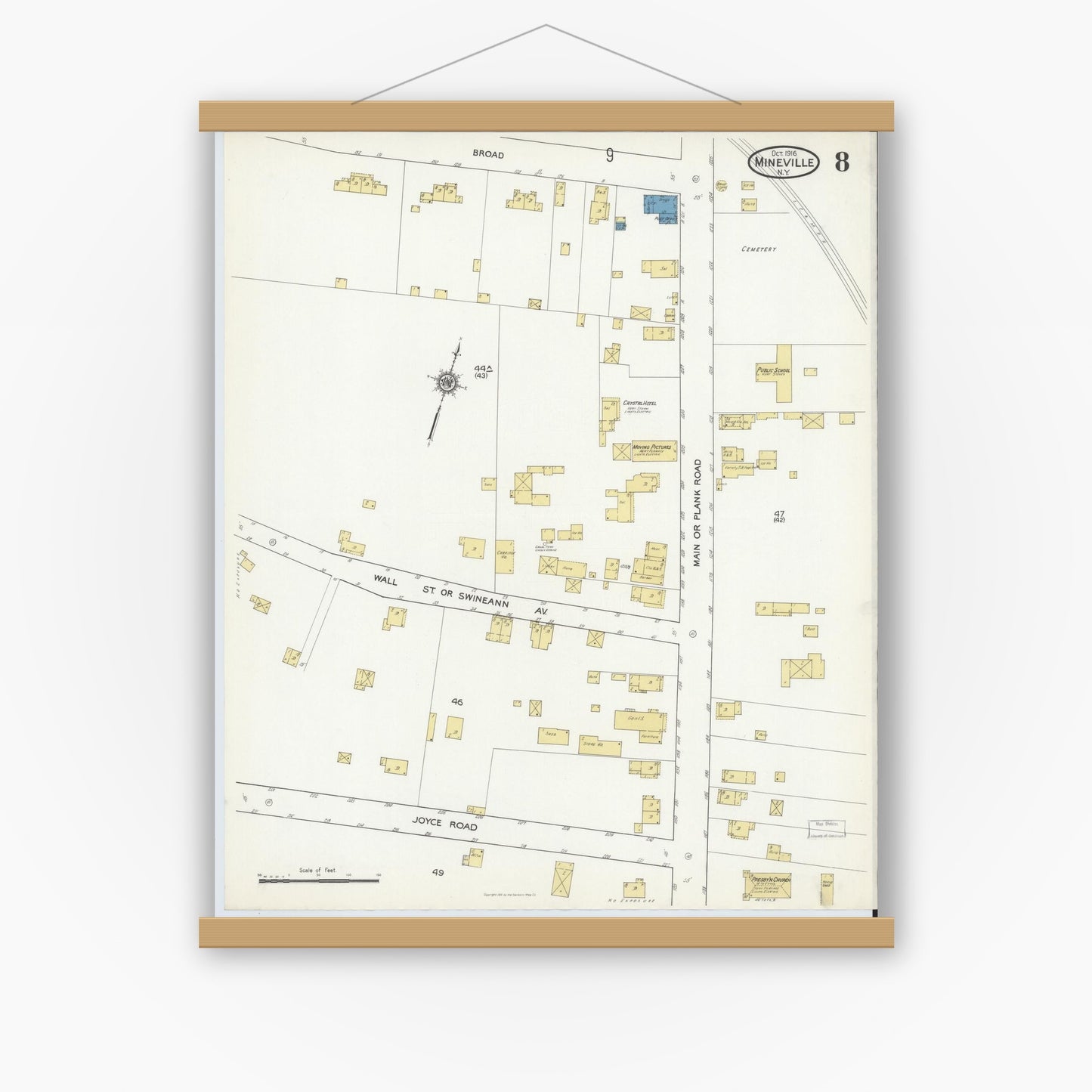 Old map wall art mockup — magnetic wood frame on white wall — Sanborn Fire Insurance Map from Mineville, Essex County, New York (1916), Sheet #0008