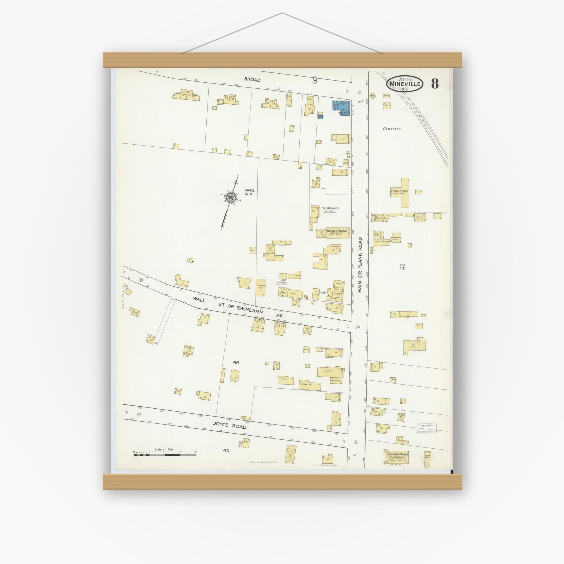 Old map wall art mockup — magnetic wood frame on white wall — Sanborn Fire Insurance Map from Mineville, Essex County, New York (1916), Sheet #0008