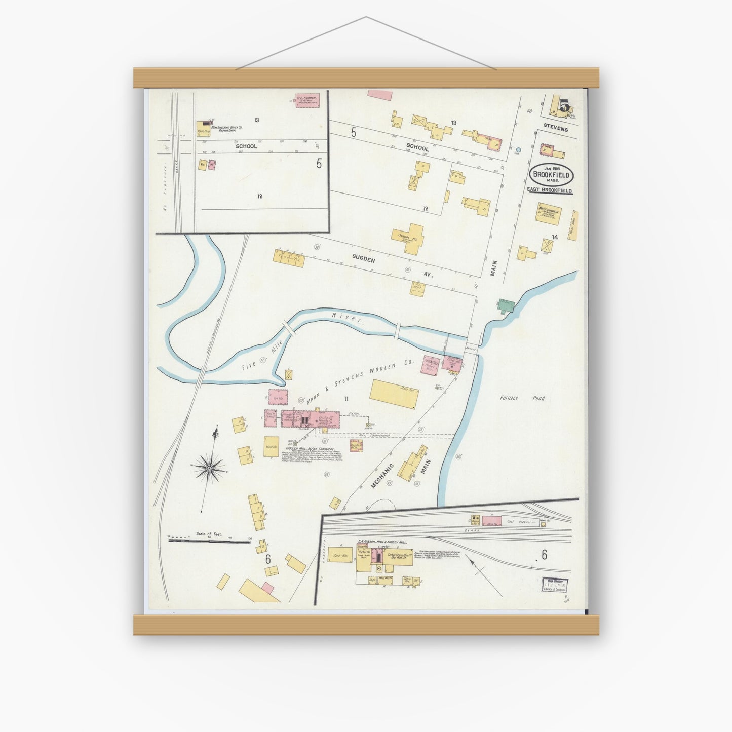 Old map wall art mockup — magnetic wood frame on white wall — Sanborn Fire Insurance Map from Brookfield, Worcester County, Massachusetts (1904), Sheet #0005