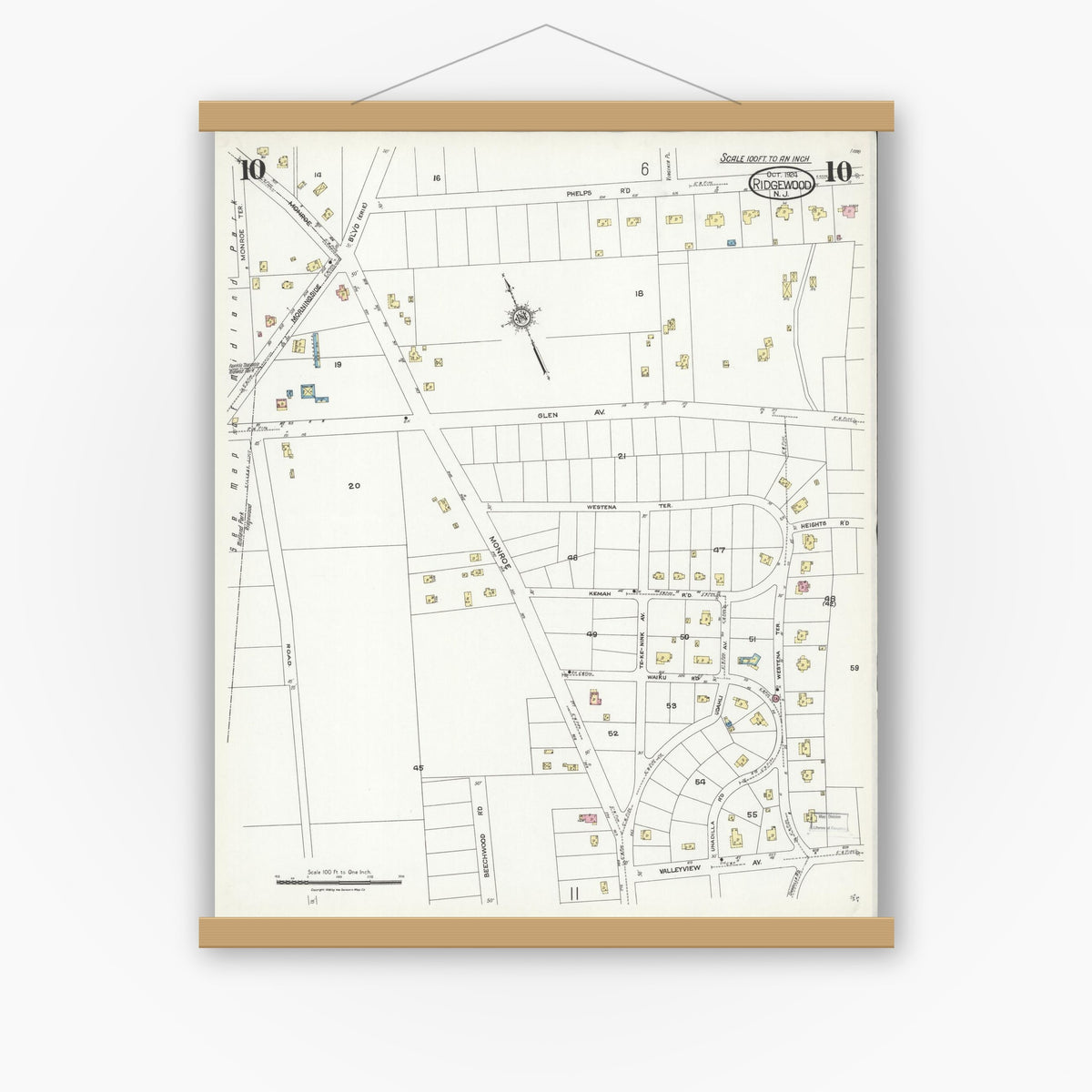 Old map wall art mockup — magnetic wood frame on white wall — Sanborn Fire Insurance Map from Ridgewood, Bergen County, New Jersey (1924), Sheet #0010