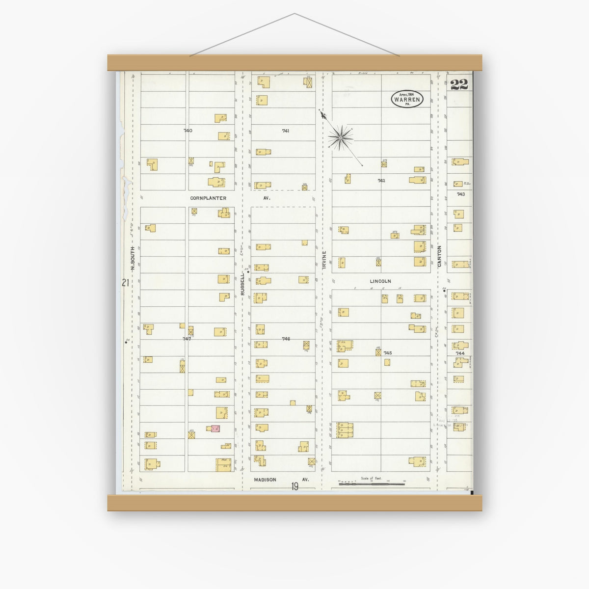 Old map wall art mockup — magnetic wood frame on white wall — Sanborn Fire Insurance Map from Warren, Warren County, Pennsylvania (1904), Sheet #0022