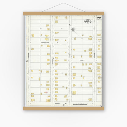 Old map wall art mockup — magnetic wood frame on white wall — Sanborn Fire Insurance Map from Warren, Warren County, Pennsylvania (1904), Sheet #0022