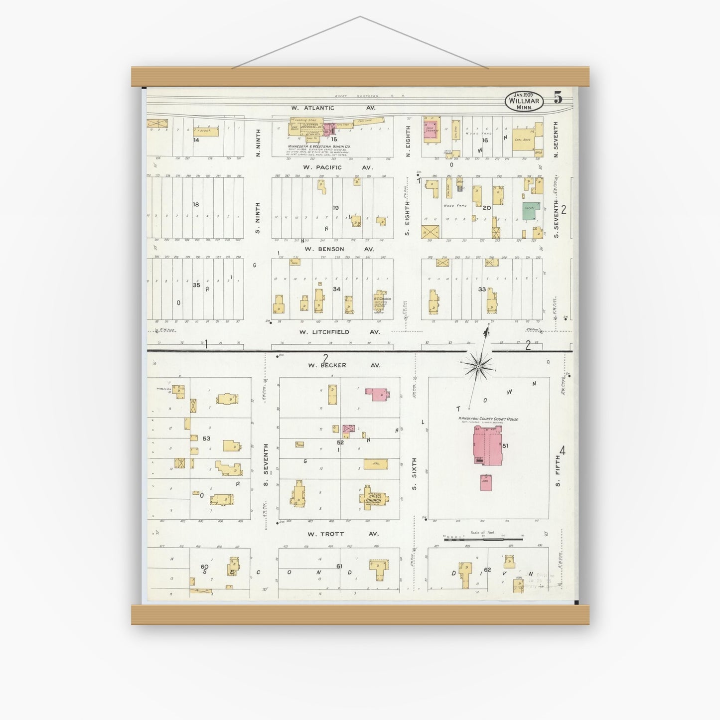 Old map wall art mockup — magnetic wood frame on white wall — Sanborn Fire Insurance Map from Willmar, Kandiyohi County, Minnesota (1909), Sheet #0005