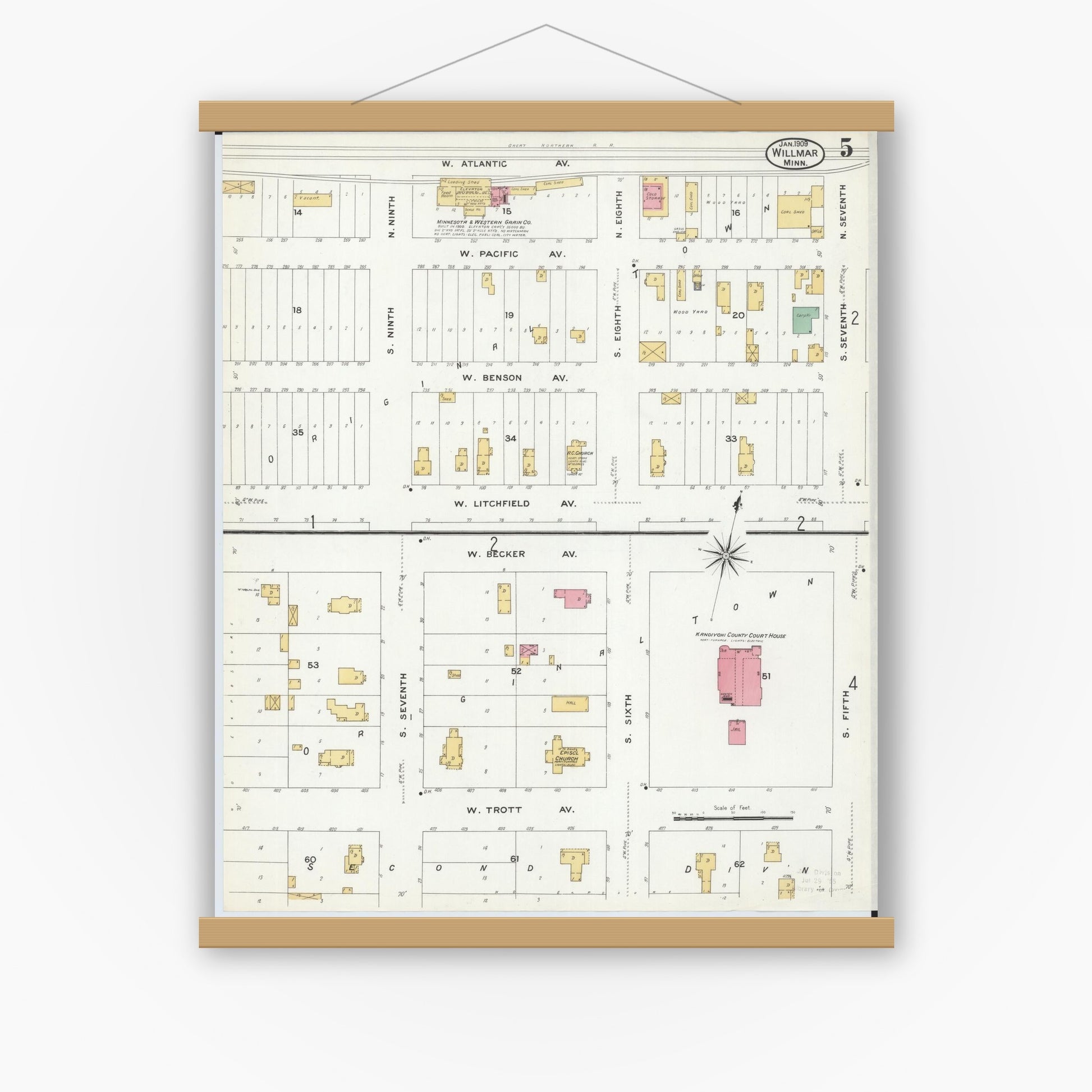 Old map wall art mockup — magnetic wood frame on white wall — Sanborn Fire Insurance Map from Willmar, Kandiyohi County, Minnesota (1909), Sheet #0005