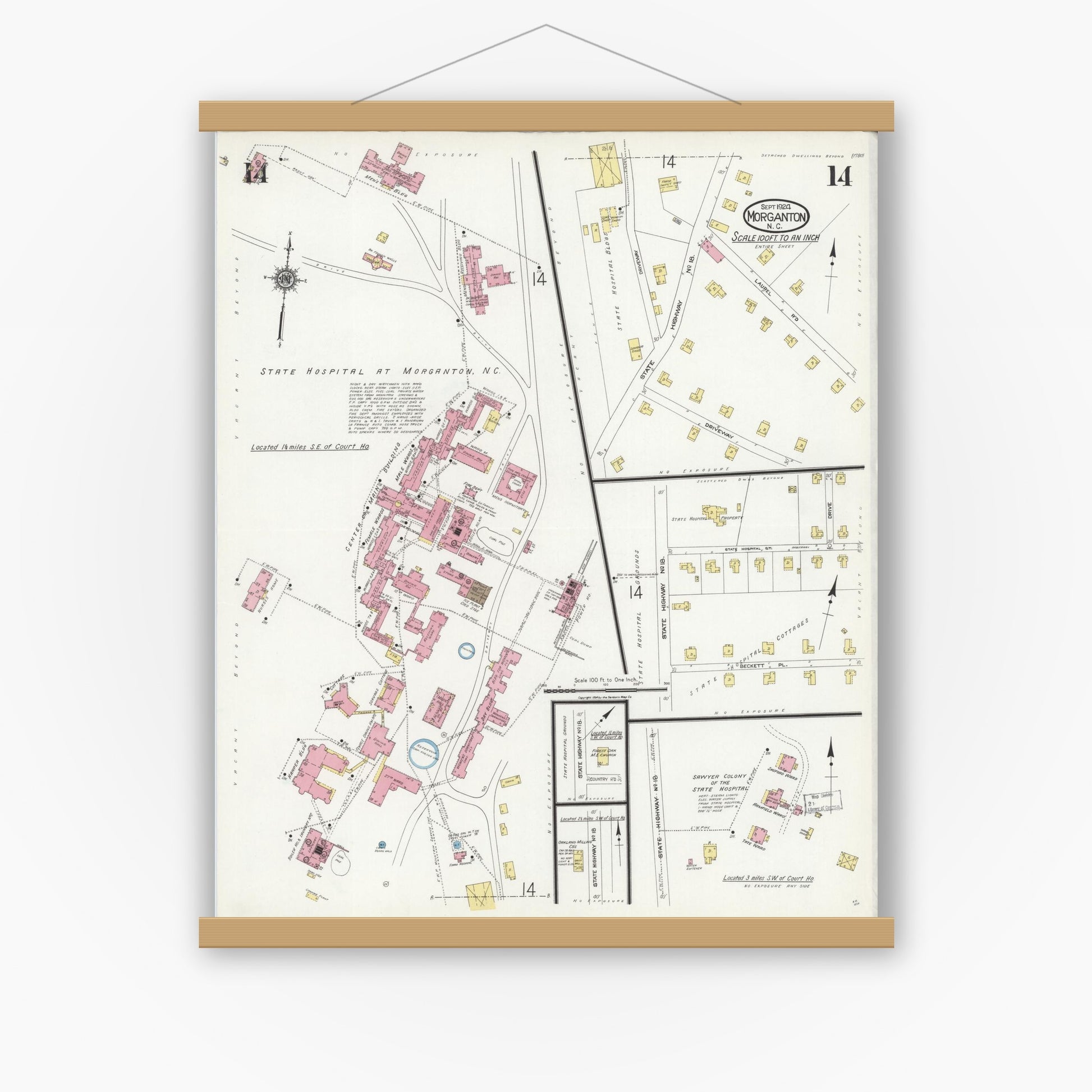 Old map wall art mockup — magnetic wood frame on white wall — Sanborn Fire Insurance Map from Morganton, Burke County, North Carolina (1924), Sheet #0014