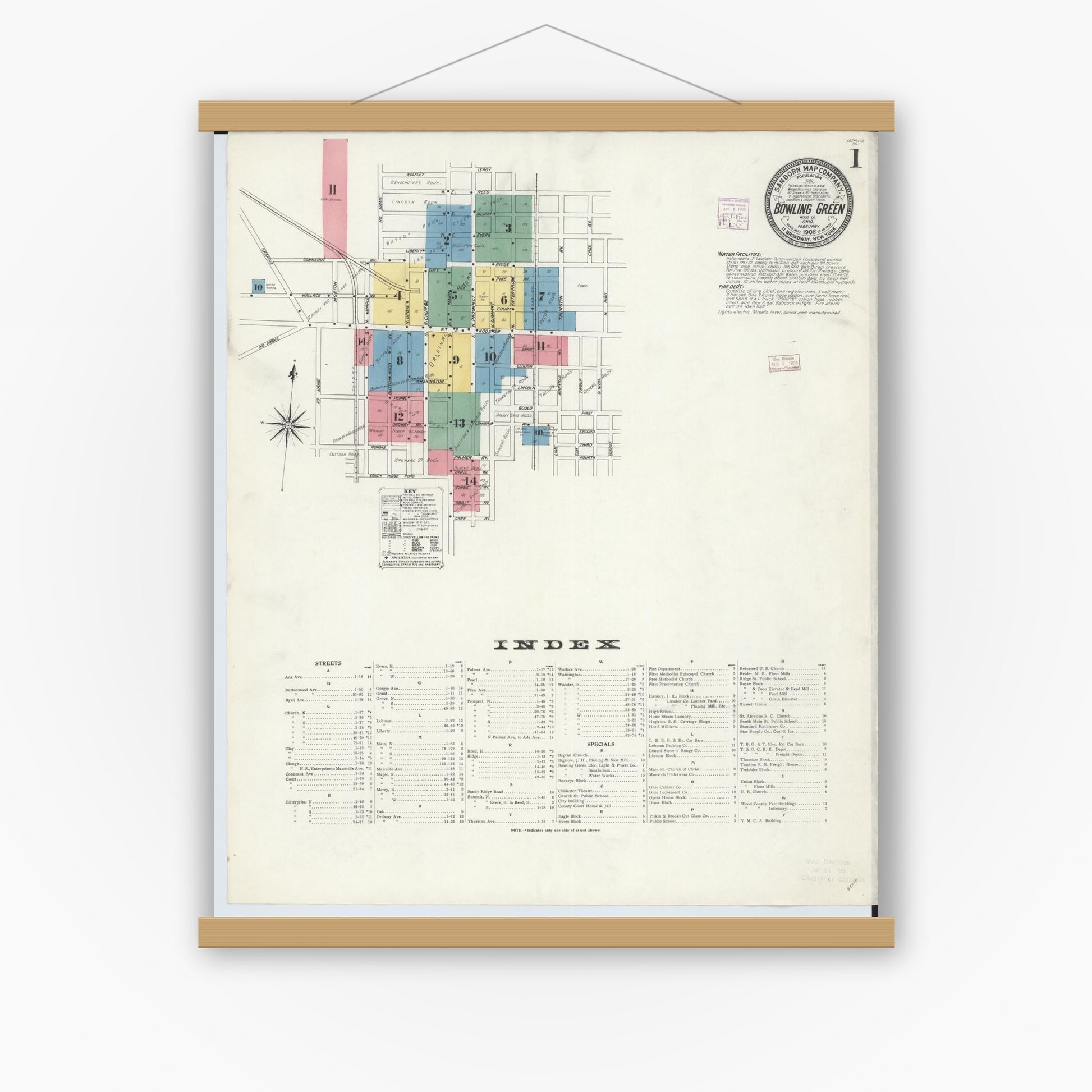 Old map wall art mockup — magnetic wood frame on white wall — Sanborn Fire Insurance Map from Bowling Green, Wood County, Ohio (1908), Sheet #0001