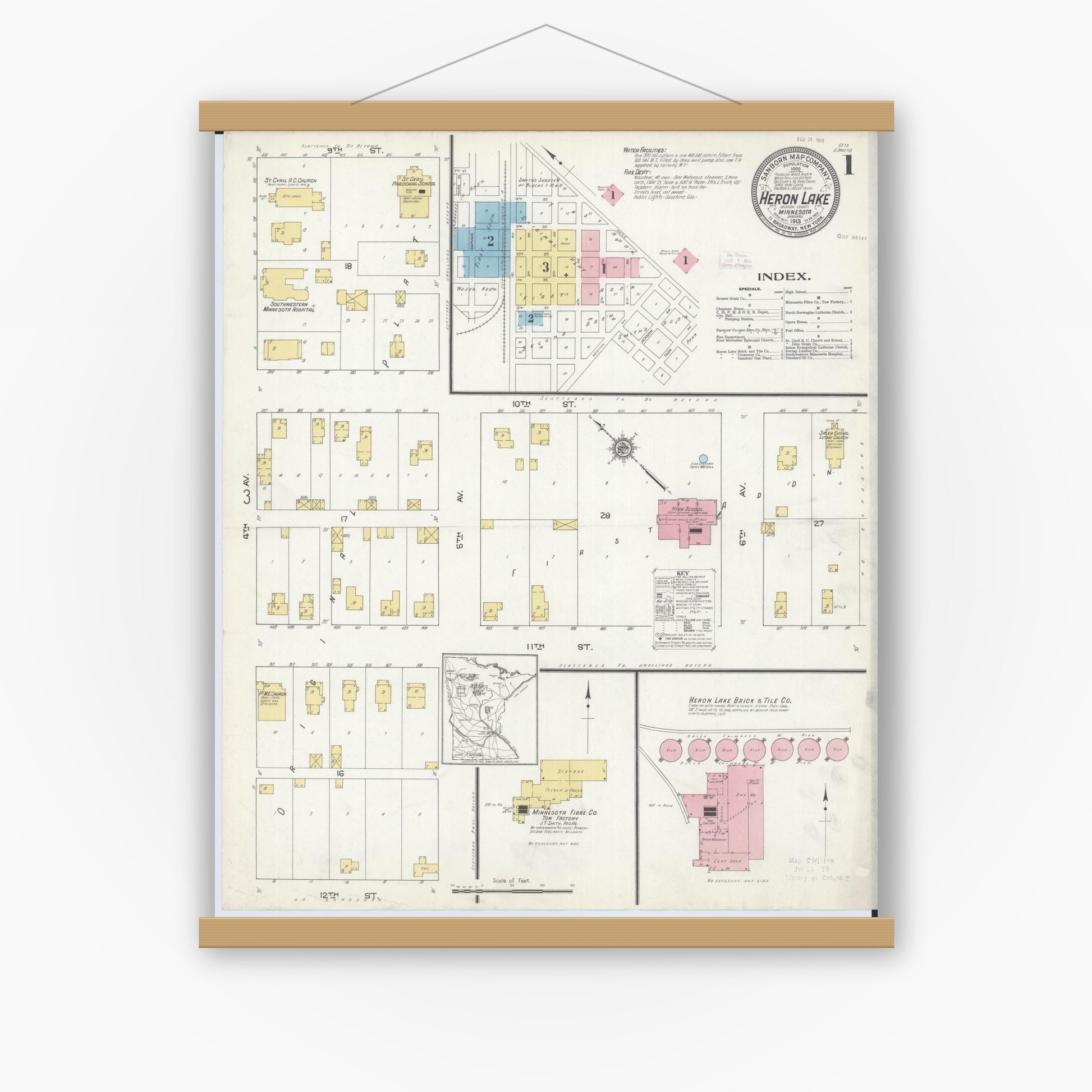 Old map wall art mockup — magnetic wood frame on white wall — Sanborn Fire Insurance Map from Heron Lake, Jackson County, Minnesota (1913) - Complete Map Set