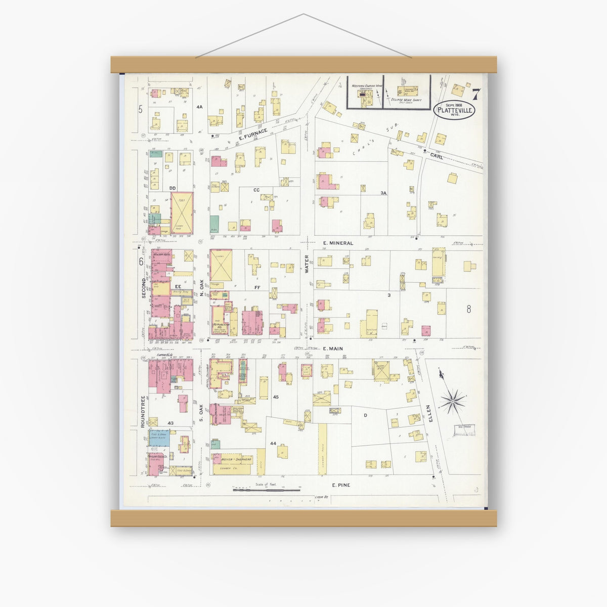 Old map wall art mockup — magnetic wood frame on white wall — Sanborn Fire Insurance Map from Platteville, Grant County, Wisconsin (1908), Sheet #0007