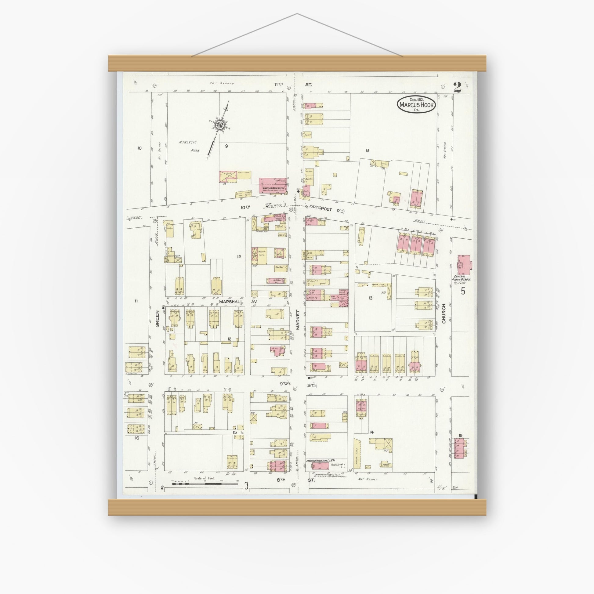 Old map wall art mockup — magnetic wood frame on white wall — Sanborn Fire Insurance Map from Marcus Hook, Chester County, Pennsylvania (1912), Sheet #0002