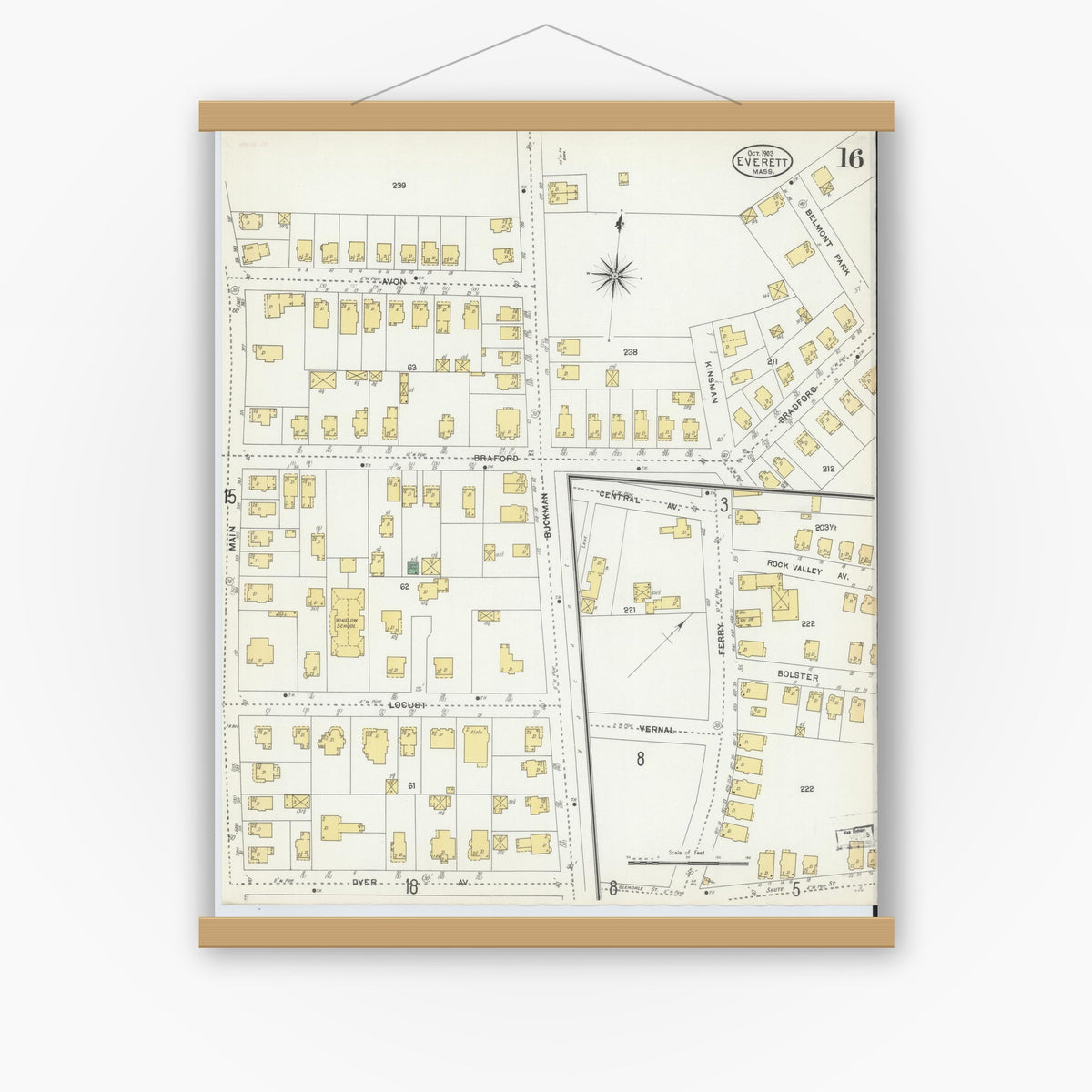 Old map wall art mockup — magnetic wood frame on white wall — Sanborn Fire Insurance Map from Everett, Middlesex County, Massachusetts (1903), Sheet #0016