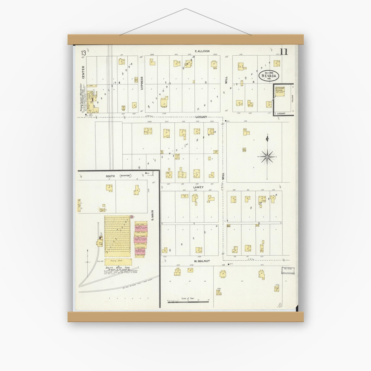 Old map wall art mockup — magnetic wood frame on white wall — Sanborn Fire Insurance Map from Nevada, Vernon County, Missouri (1906), Sheet #0011