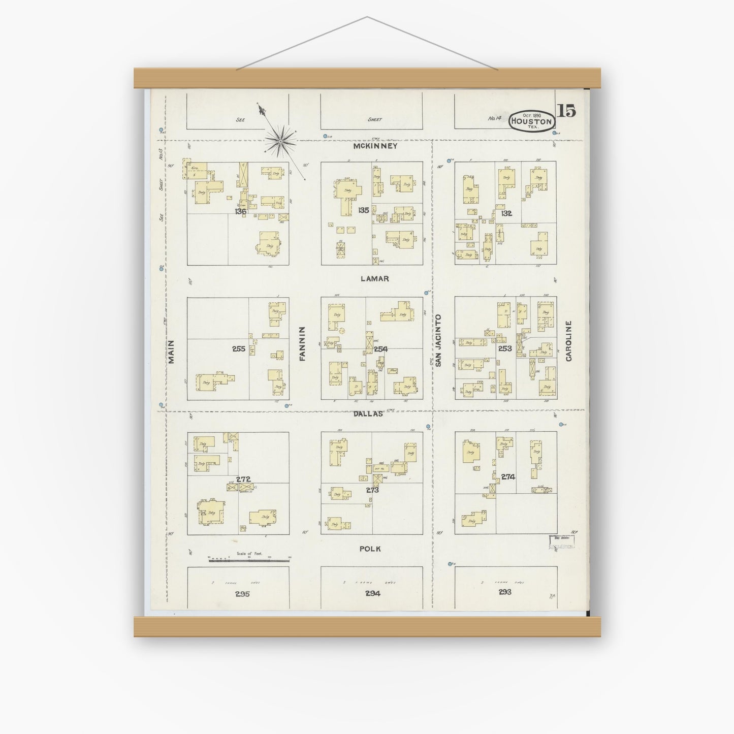Old map wall art mockup — magnetic wood frame on white wall — Sanborn Fire Insurance Map from Houston, Harris County, Texas (1890), Sheet #0015