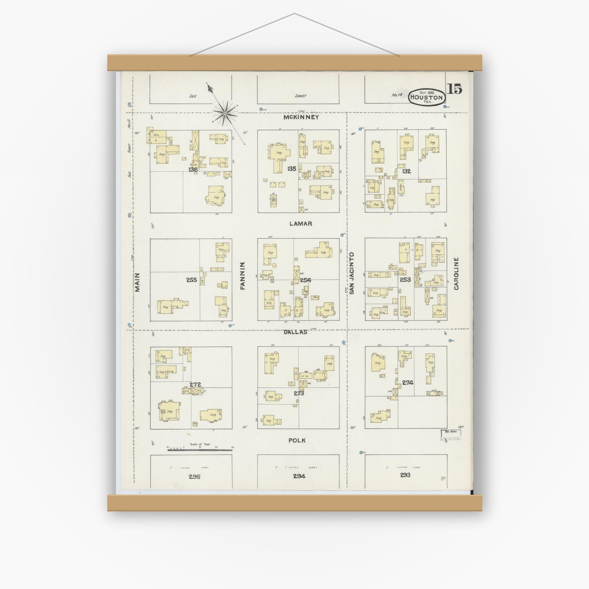 Old map wall art mockup — magnetic wood frame on white wall — Sanborn Fire Insurance Map from Houston, Harris County, Texas (1890), Sheet #0015