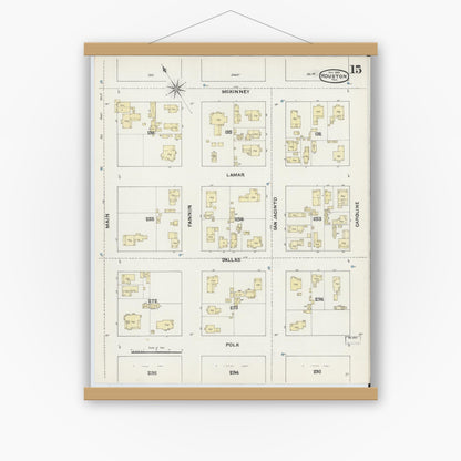 Old map wall art mockup — magnetic wood frame on white wall — Sanborn Fire Insurance Map from Houston, Harris County, Texas (1890), Sheet #0015