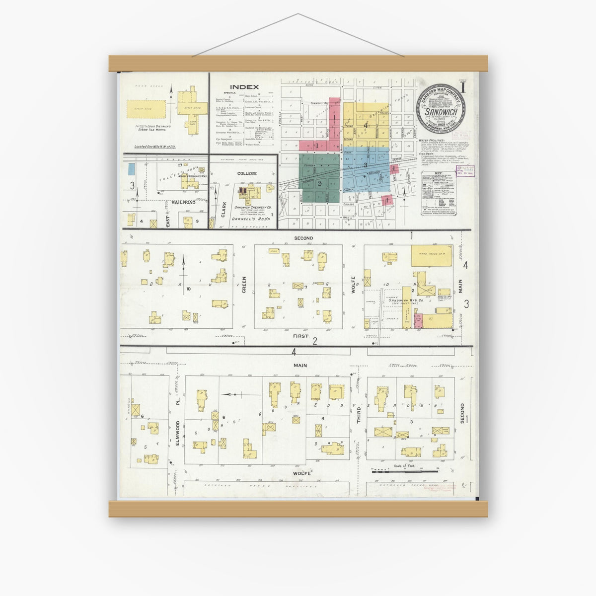 Old map wall art mockup — magnetic wood frame on white wall — Sanborn Fire Insurance Map from Sandwich, De Kalb County, Illinois (1909) - Complete Map Set