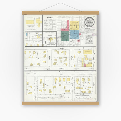 Old map wall art mockup — magnetic wood frame on white wall — Sanborn Fire Insurance Map from Sandwich, De Kalb County, Illinois (1909) - Complete Map Set