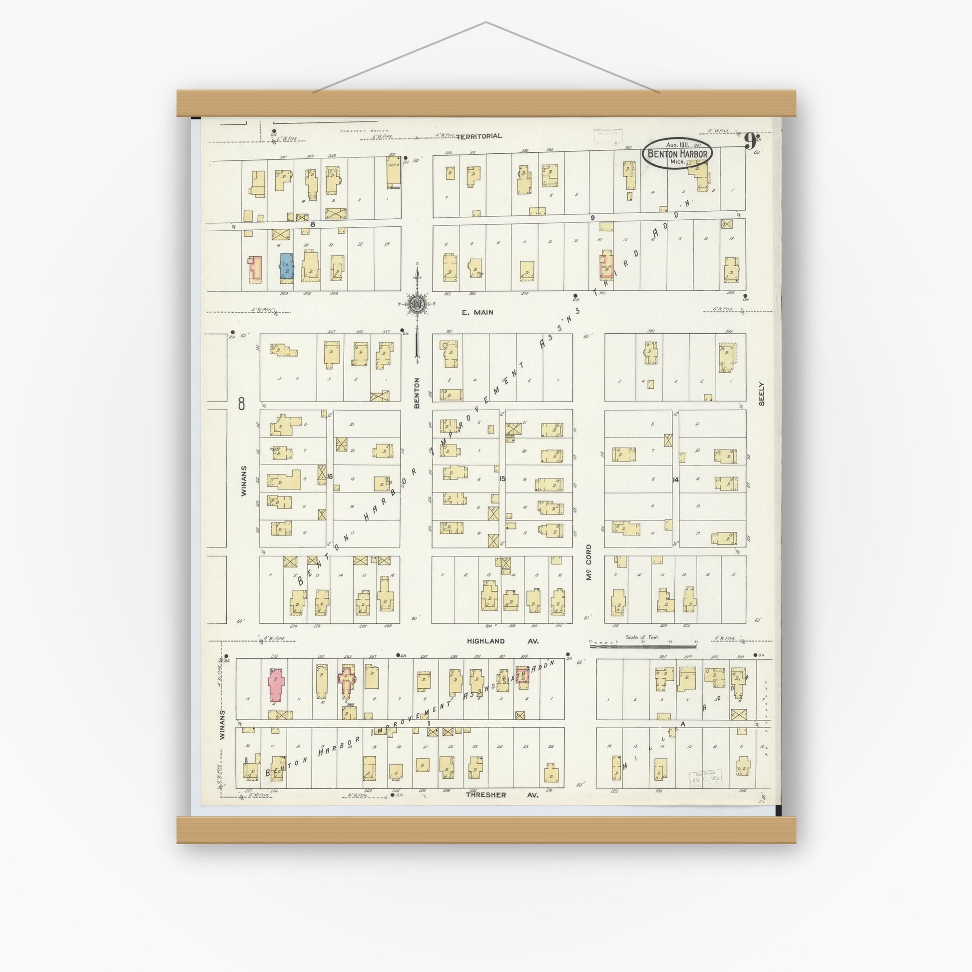 Old map wall art mockup — magnetic wood frame on white wall — Sanborn Fire Insurance Map from Benton Harbor, Berrien County, Michigan (1911), Sheet #0009