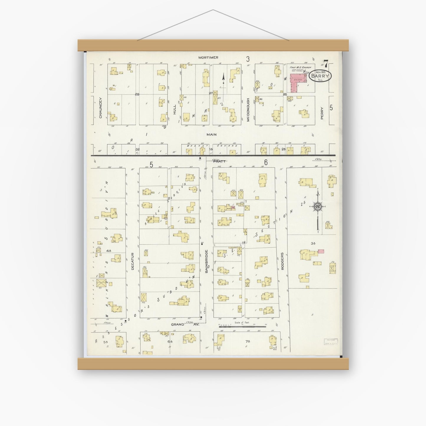 Old map wall art mockup — magnetic wood frame on white wall — Sanborn Fire Insurance Map from Barry, Pike County, Illinois (1913), Sheet #0007