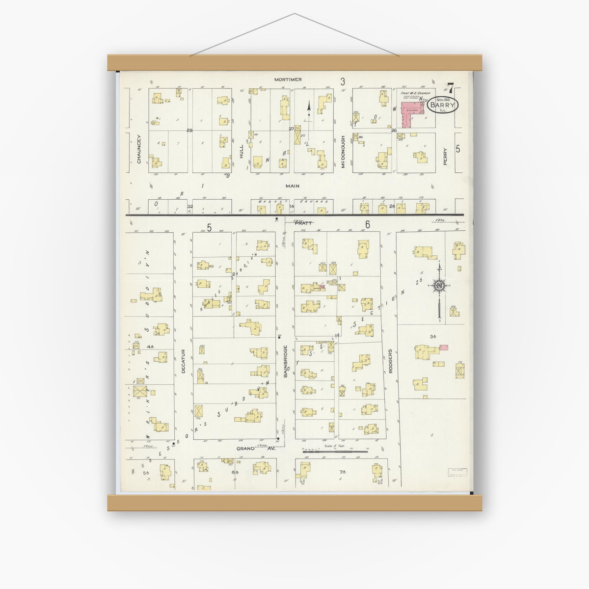 Old map wall art mockup — magnetic wood frame on white wall — Sanborn Fire Insurance Map from Barry, Pike County, Illinois (1913), Sheet #0007