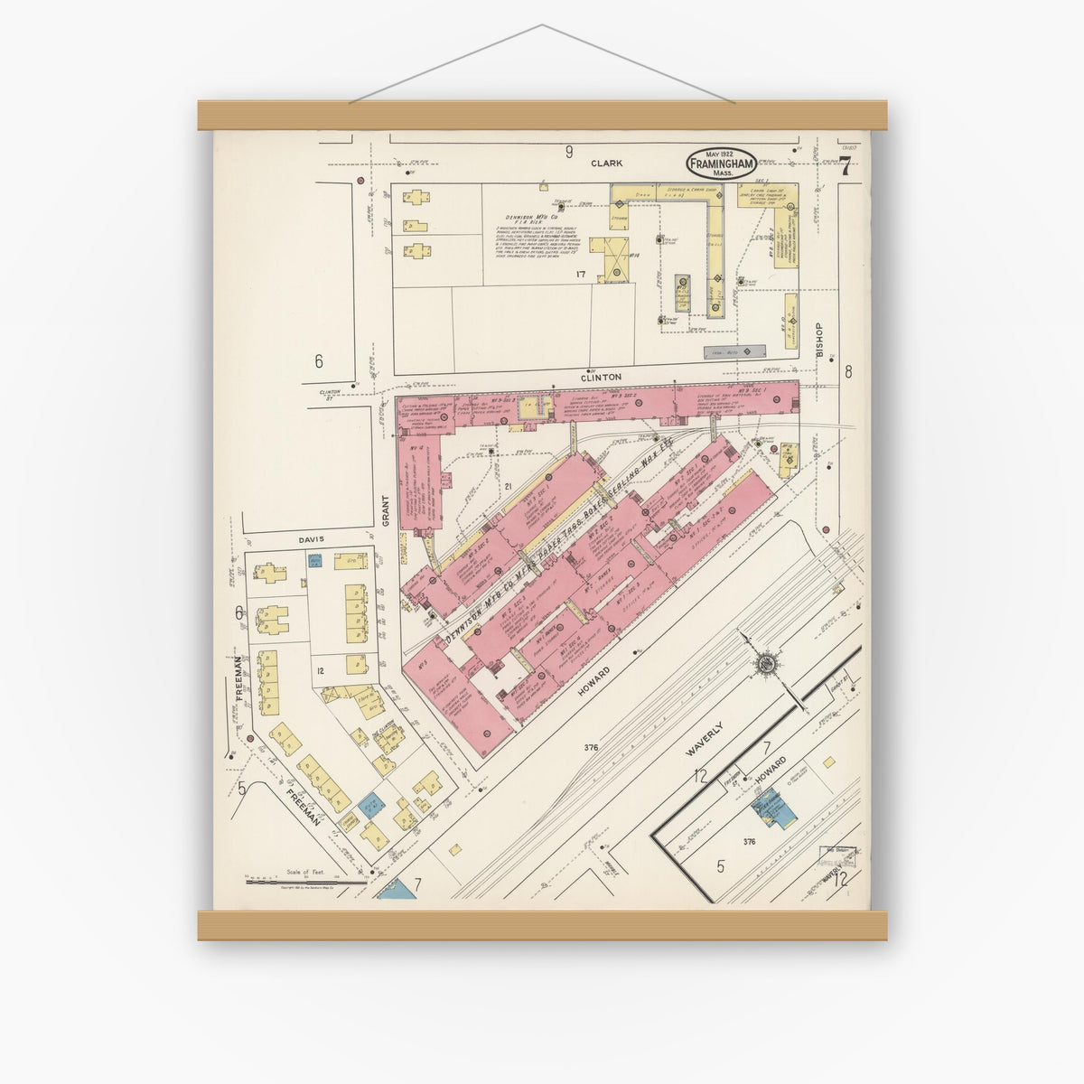 Old map wall art mockup — magnetic wood frame on white wall — Sanborn Fire Insurance Map from Framingham, Middlesex County, Massachusetts (1922), Sheet #0007