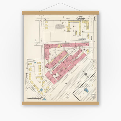 Old map wall art mockup — magnetic wood frame on white wall — Sanborn Fire Insurance Map from Framingham, Middlesex County, Massachusetts (1922), Sheet #0007