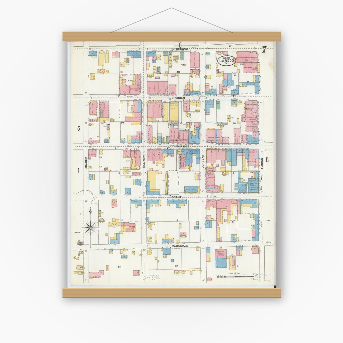 Old map wall art mockup — magnetic wood frame on white wall — Sanborn Fire Insurance Map from Laredo, Webb County, Texas (1905), Sheet #0007