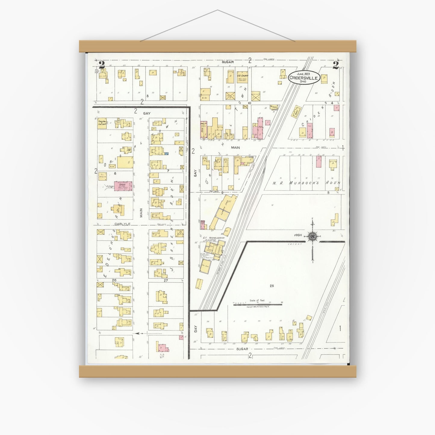 Old map wall art mockup — magnetic wood frame on white wall — Sanborn Fire Insurance Map from Cridersville, Auglaize County, Ohio (1923), Sheet #0002